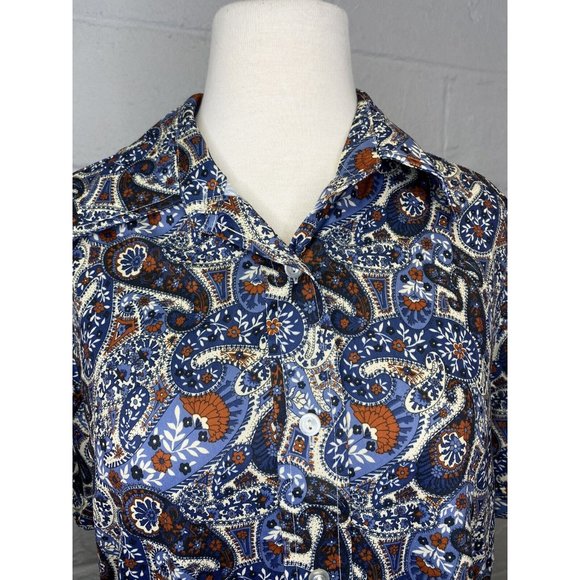 VTG 1970s Sears Disco Paisley Shirt Large 20 Women Polyester Perma Prest Blue - Picture 3 of 10